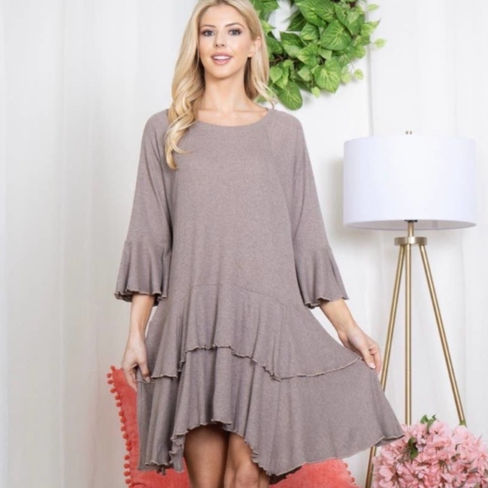 EASEL Mocha Bell Sleeve Layered Ruffle Flowy Mini Dress